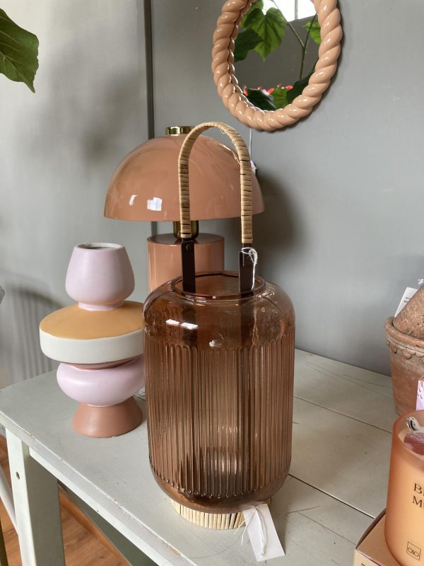 Lanterna vetro base rattan con manico H25 D14
