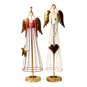 Angelo metallo cuore  c/gonna luci 26x15x75h