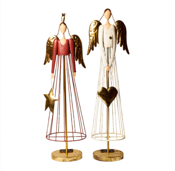 Angelo metallo cuore  c/gonna luci 26x15x75h