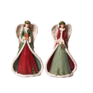 Angelo in resina con mantello e coroncina agrifoglio 15x9x25H