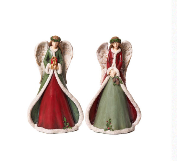 Angelo in resina con mantello e coroncina agrifoglio 15x9x25H